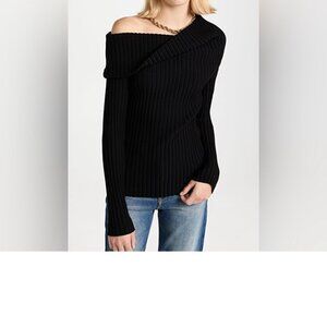 NWT Tory Burch Black off-the shoulder ribbed stretchy jersey sweater Size Large